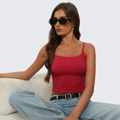 Women's casual, sexy, and versatile sleeveless square-neck tank top with adjustable straps.