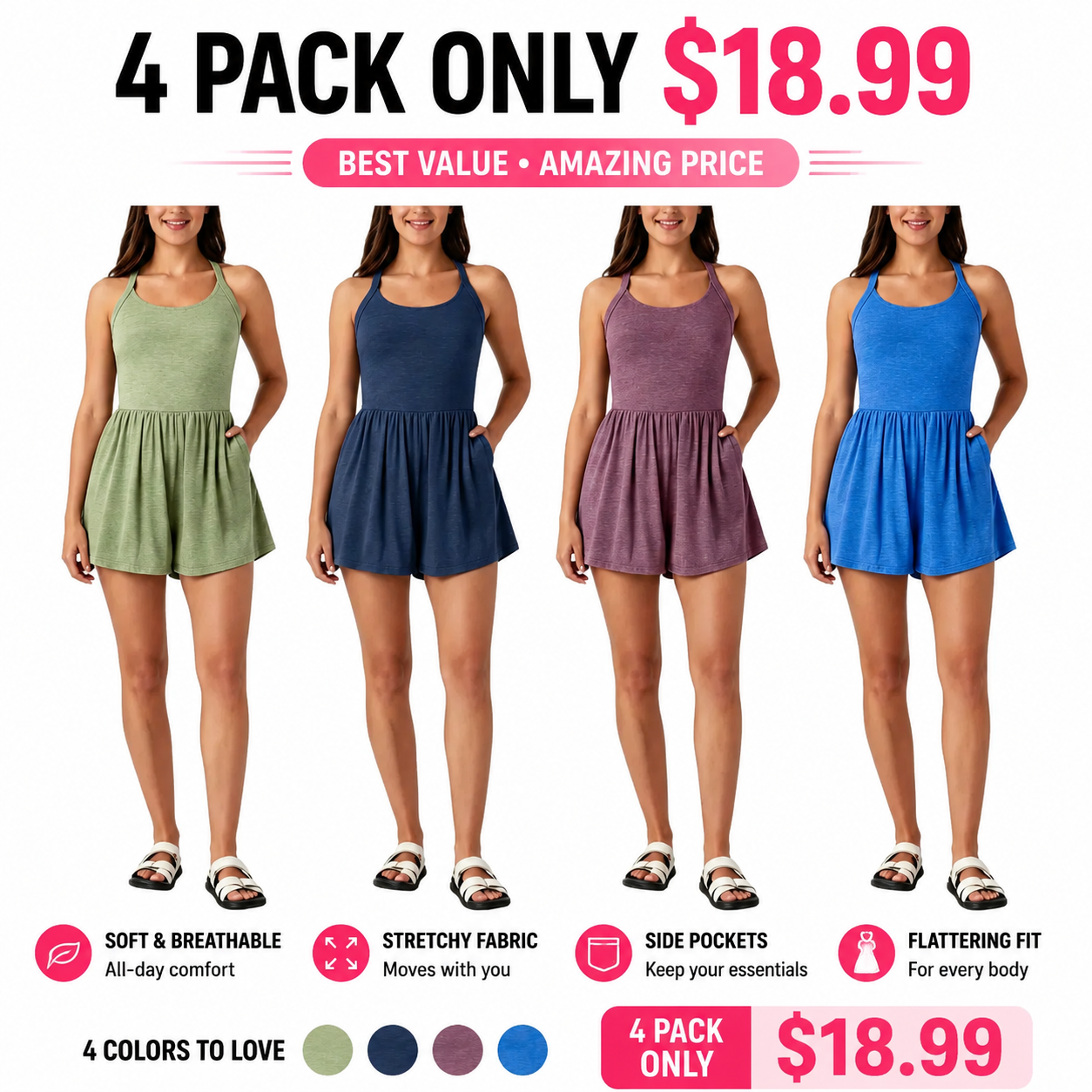 Women 2-in-1 Pocket Romper Dress Sleeveless Casual Loose Fit Jumpsuit Summer Beach Outfit
