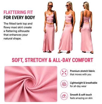 Solid-Color Sleeveless Backless Tie-Strap Camisole and Slim-Fit Side-Slit Maxi Skirt Two-Piece Set