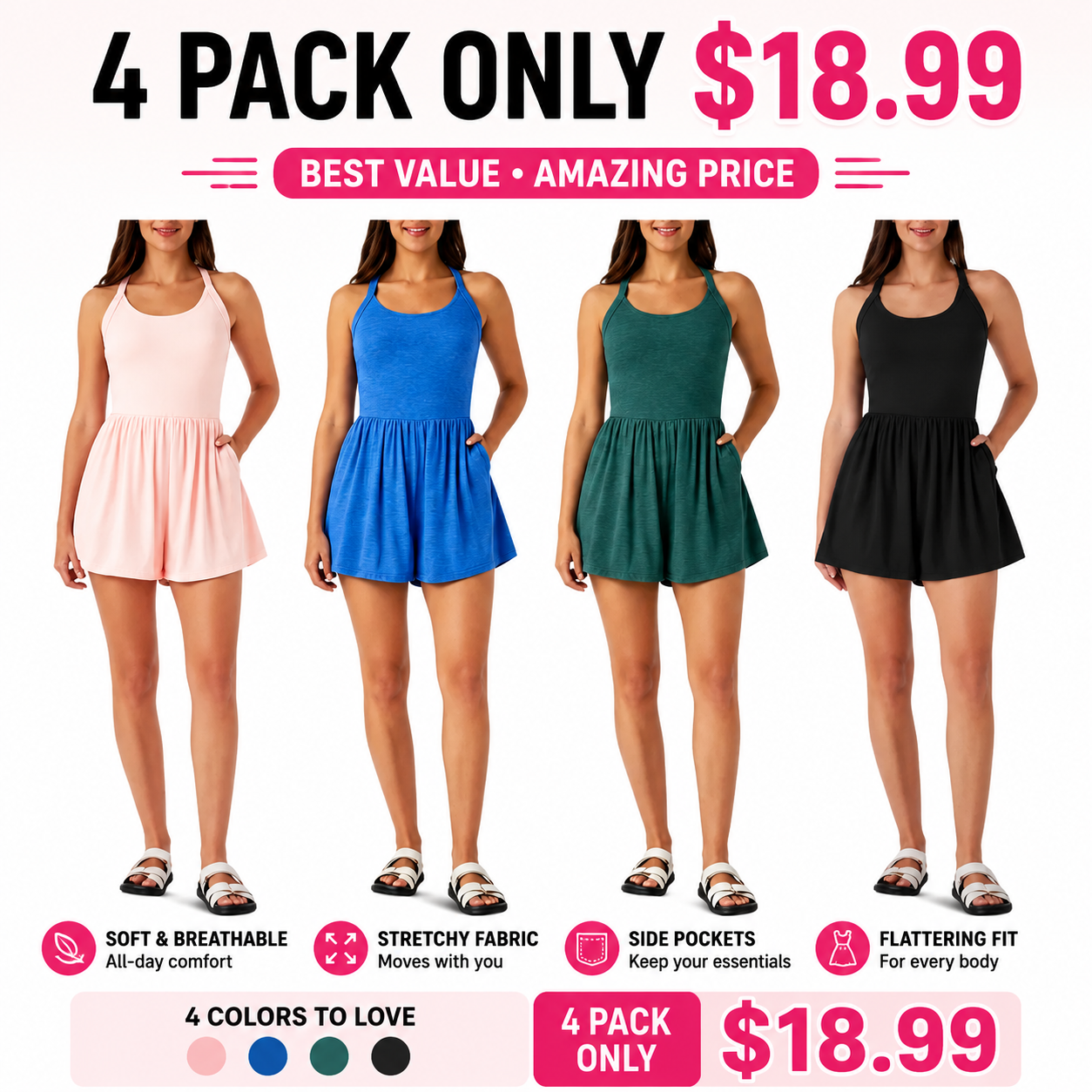Women 2-in-1 Pocket Romper Dress Sleeveless Casual Loose Fit Jumpsuit Summer Beach Outfit