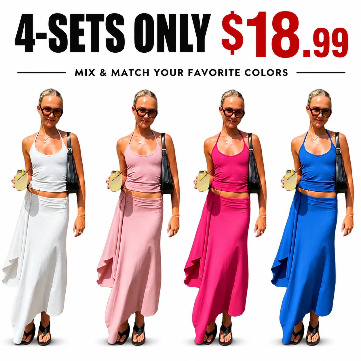 Solid-Color Sleeveless Backless Tie-Strap Camisole and Slim-Fit Side-Slit Maxi Skirt Two-Piece Set