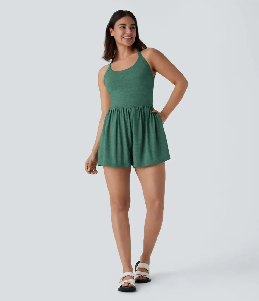 Women 2-in-1 Pocket Romper Dress Sleeveless Casual Loose Fit Jumpsuit Summer Beach Outfit