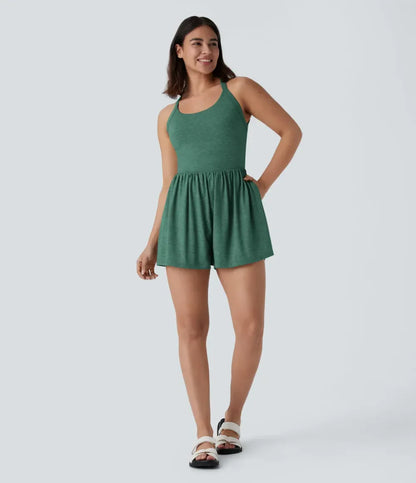 Women 2-in-1 Pocket Romper Dress Sleeveless Casual Loose Fit Jumpsuit Summer Beach Outfit