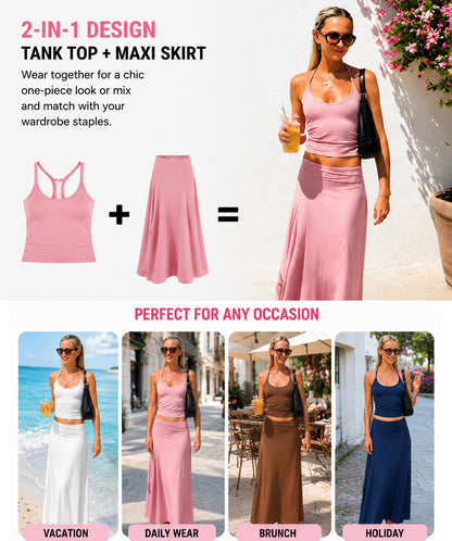 Solid-Color Sleeveless Backless Tie-Strap Camisole and Slim-Fit Side-Slit Maxi Skirt Two-Piece Set