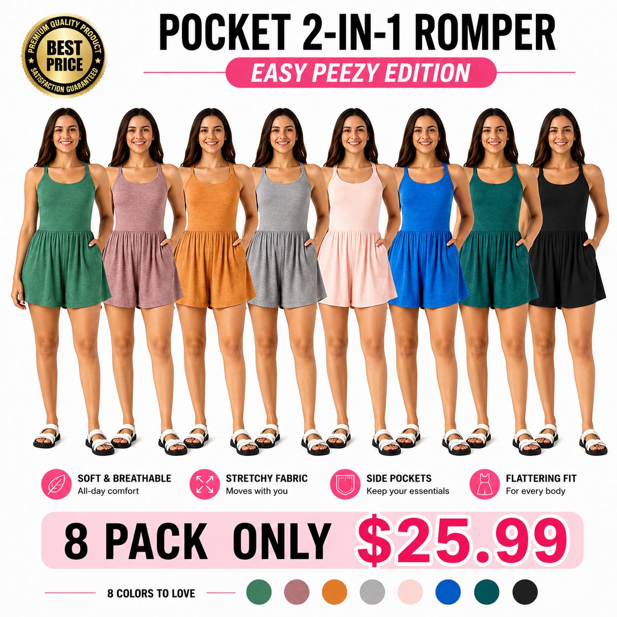 Women 2-in-1 Pocket Romper Dress Sleeveless Casual Loose Fit Jumpsuit Summer Beach Outfit