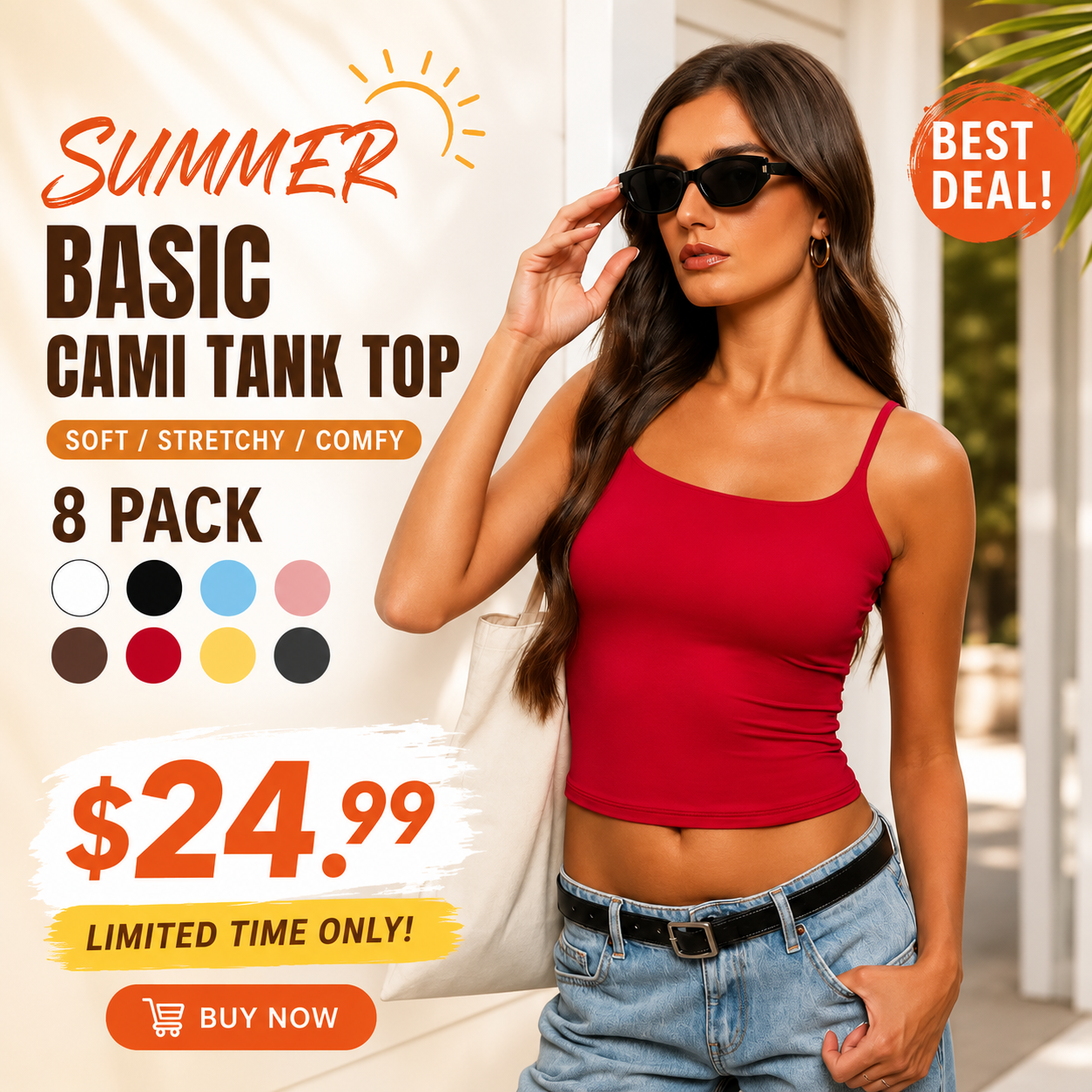 Women's casual, sexy, and versatile sleeveless square-neck tank top with adjustable straps.