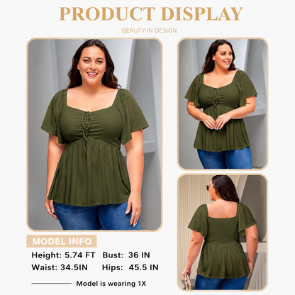 Women's Large-Sized Heart-Shaped Collar Short-Sleeved Ruffled Blouse