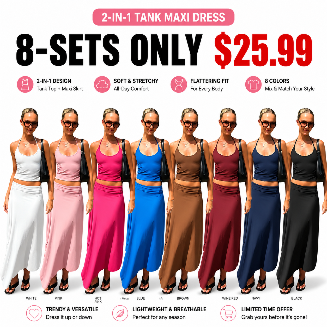 Solid-Color Sleeveless Backless Tie-Strap Camisole and Slim-Fit Side-Slit Maxi Skirt Two-Piece Set