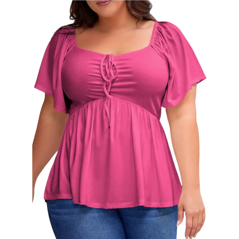 Women's Large-Sized Heart-Shaped Collar Short-Sleeved Ruffled Blouse