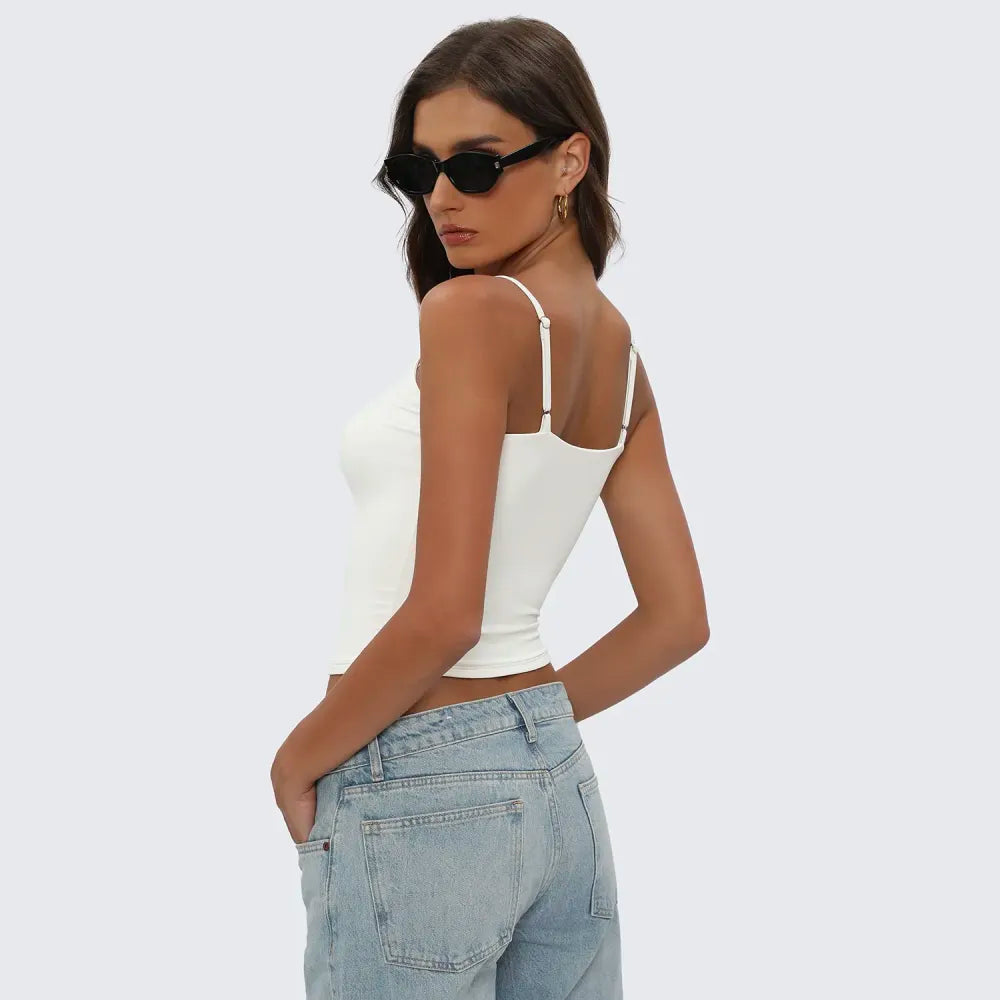 Women's casual, sexy, and versatile sleeveless square-neck tank top with adjustable straps.