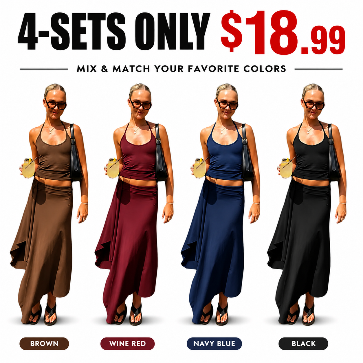 Solid-Color Sleeveless Backless Tie-Strap Camisole and Slim-Fit Side-Slit Maxi Skirt Two-Piece Set