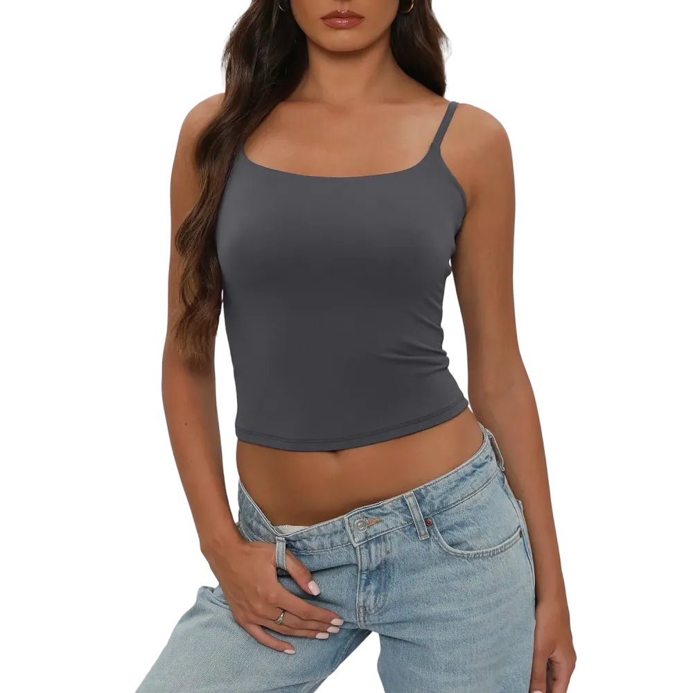 Women's casual, sexy, and versatile sleeveless square-neck tank top with adjustable straps.