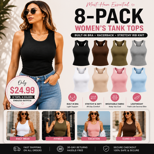 This Week's Special Price🍃Round Neck Built-in Bra Ribbed Tank Top Fit Casual Comfortable💥